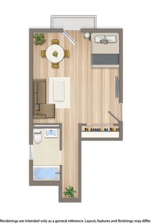 Floor plan for studio, 1 bath, 280 sqft